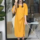 Plain Elbow Sleeve Knot Detail Midi T-shirt Dress