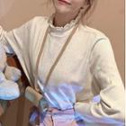 Long-sleeve Lace Trim Mock-neck Top Melange Almond - One Size
