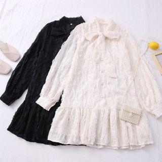 Ribbon-neckline Lace-trim Chiffon Midi Dress