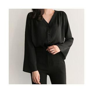 V-neck Shirred-trim Blouse
