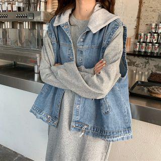 Long-sleeve Plain Slit Midi Dress / Hooded Denim Vest