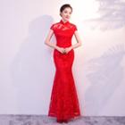 Short-sleeve Embroidered Sheath Evening Gown
