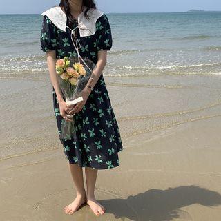 Elbow-sleeve Floral Print Midi A-line Dress Floral Print - Green - One Size