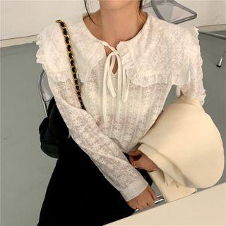 Long-sleeve Ruffle Tirm Collar Blouse