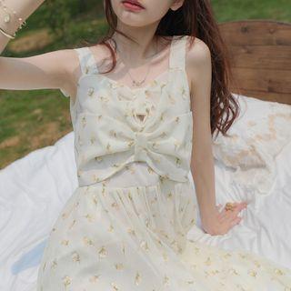 Sleeveless Bow Floral Print Midi Dress