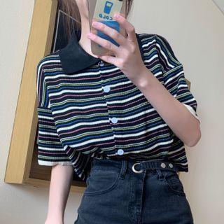 Short-sleeve Lapel Striped Top