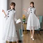 3/4-sleeve Dotted Midi A-line Qipao Dress