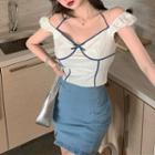 Puff-sleeve Halter Two-tone Top