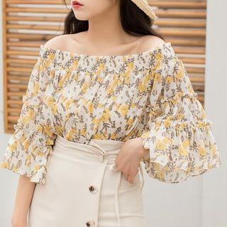 Cold Shoulder Floral Elbow-sleeve Top