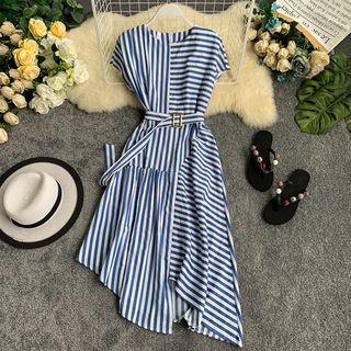Cap-sleeve Asymmetric Striped A-line Midi Dress