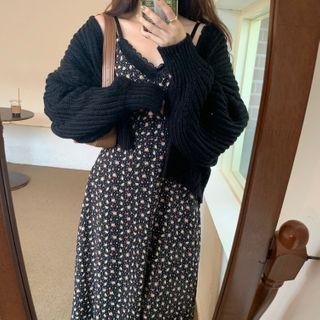 Spaghetti-strap Floral Dress / Long-sleeve Plain Thick Cardigan