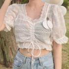 Crochet-lace Puff-sleeve Blouse White - One Size