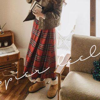 Pleated Plaid Maxi Skirt Red - One Size