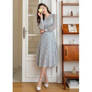 Chiffon-sleeve Floral Midi Dress