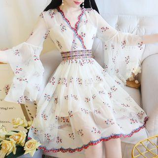 Embroidered Flared-sleeve A-line Dress