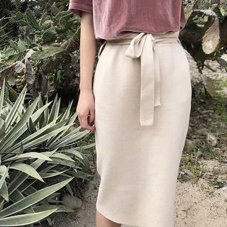 Straight Fit Knit Skirt With Sash