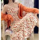 Plain Cardigan / Floral Print Sleeveless Dress