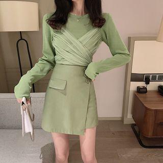 Mesh Panel Long-sleeve T-shirt / Faux-leather A-line Skirt
