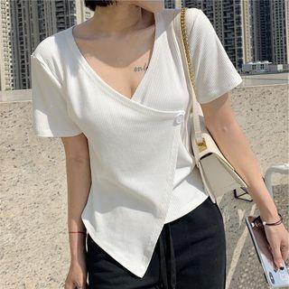 Short-sleeve V-neck Plain Ribbed Top