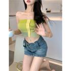 Color Block Ribbed Bandeau / A-line Denim Skirt