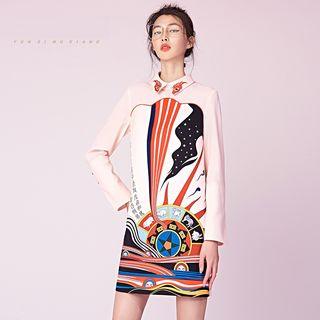 Embroidered Collar Printed Shift Dress