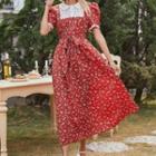 Lace Panel Floral Print Short-sleeve Maxi A-line Dress Red - L