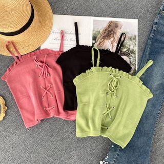 Ruffled Lace-up Knit Camisole Top