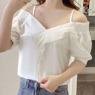 Elbow-sleeve Cold Shoulder Plain Blouse