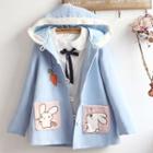 Rabbit Embroidered Hooded Buttoned Jacket/ Bow Accent Long-sleeve Blouse/ Set
