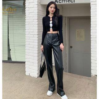 Plain Slim-fit Cropped Cardigan / Plain Cropped Halter Top / Faux-leather Straight Leg Pants