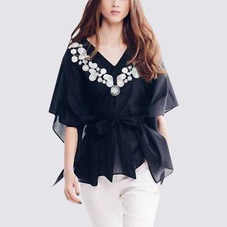 3/4-sleeve Ruffled Tie-waist Blouse