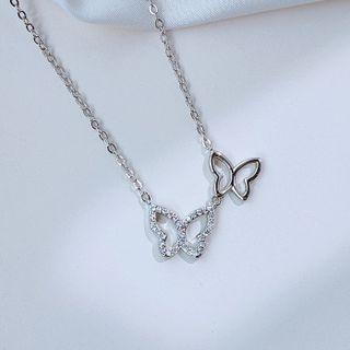 Butterfly Rhinestone Pendant Necklace B375 - Silver - One Size