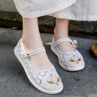 Embroidered Frog-button Platform Mary Jane Shoes