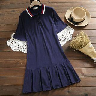 Elbow-sleeve Striped Trim Polo Shirt Dress