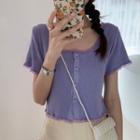 Short-sleeve Lace Trim Buttoned Knit Crop Top