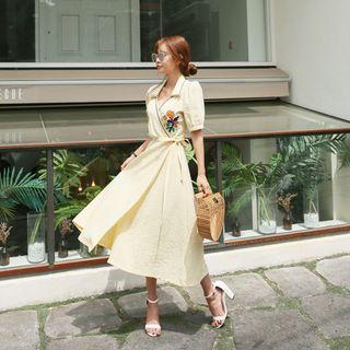 Flower-embroidered Long Surplice-wrap Dress