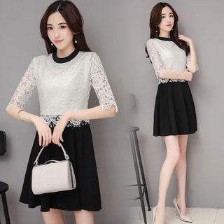 Elbow Sleeve Mock Two-piece A-line Dress