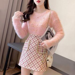 Set: Beaded Knit Top + Plaid Mini Skirt