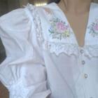 Embroidered Collar Lace Trim Puff-sleeve Blouse White - One Size