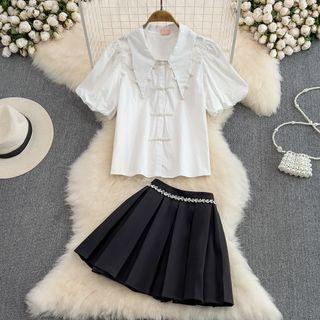 Set: Faux Pearl Detail Shirt + Pleated Mini Skirt