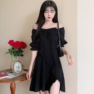 Short-sleeve Ruffle Slit Asymmetrical Dress