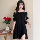Short-sleeve Ruffle Slit Asymmetrical Dress
