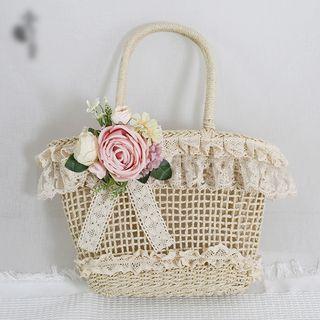 Lace Trim Straw Hand Bag Hand Bag - Rose - Almond - One Size
