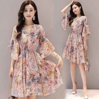 Bell Sleeve Floral Wrapped A-line Dress