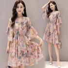 Bell Sleeve Floral Wrapped A-line Dress