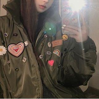 Embroidered Zip-up Jacket Green - One Size