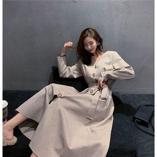 Plain V-neck Long-sleeve Slim-fit Dress Almond - One Size