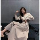 Plain V-neck Long-sleeve Slim-fit Dress Almond - One Size