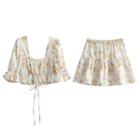Set: Square-neck Floral Cropped Blouse + Mini A-line Skirt