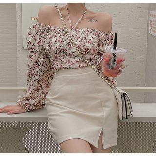 Off Shoulder Floral Blouse Red & Almond - One Size